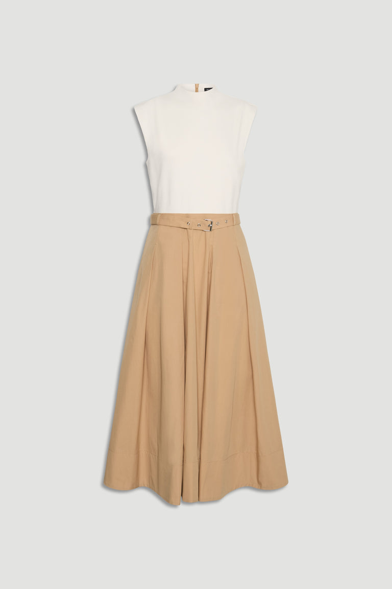 Stefanie Spliced Midi Dress in cream and tan with a belted waist and flowing skirt by DECJUBA.