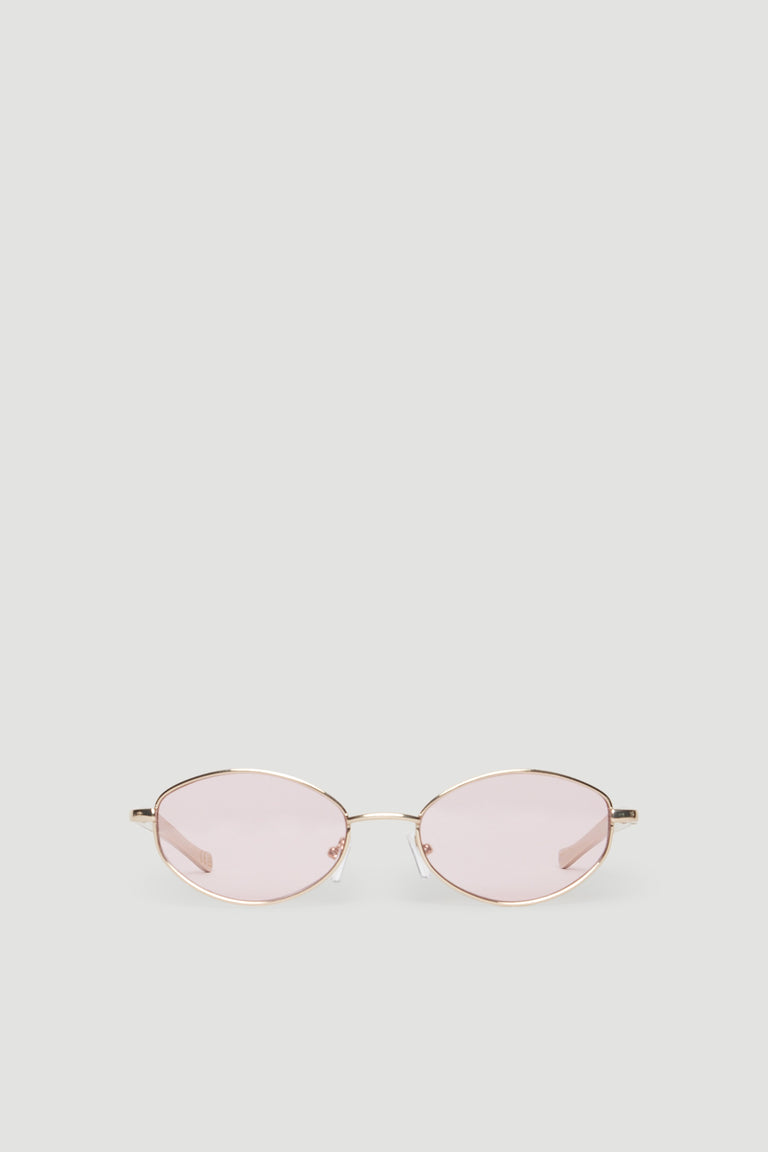 Gold metal round sunglasses with pink tinted lenses
