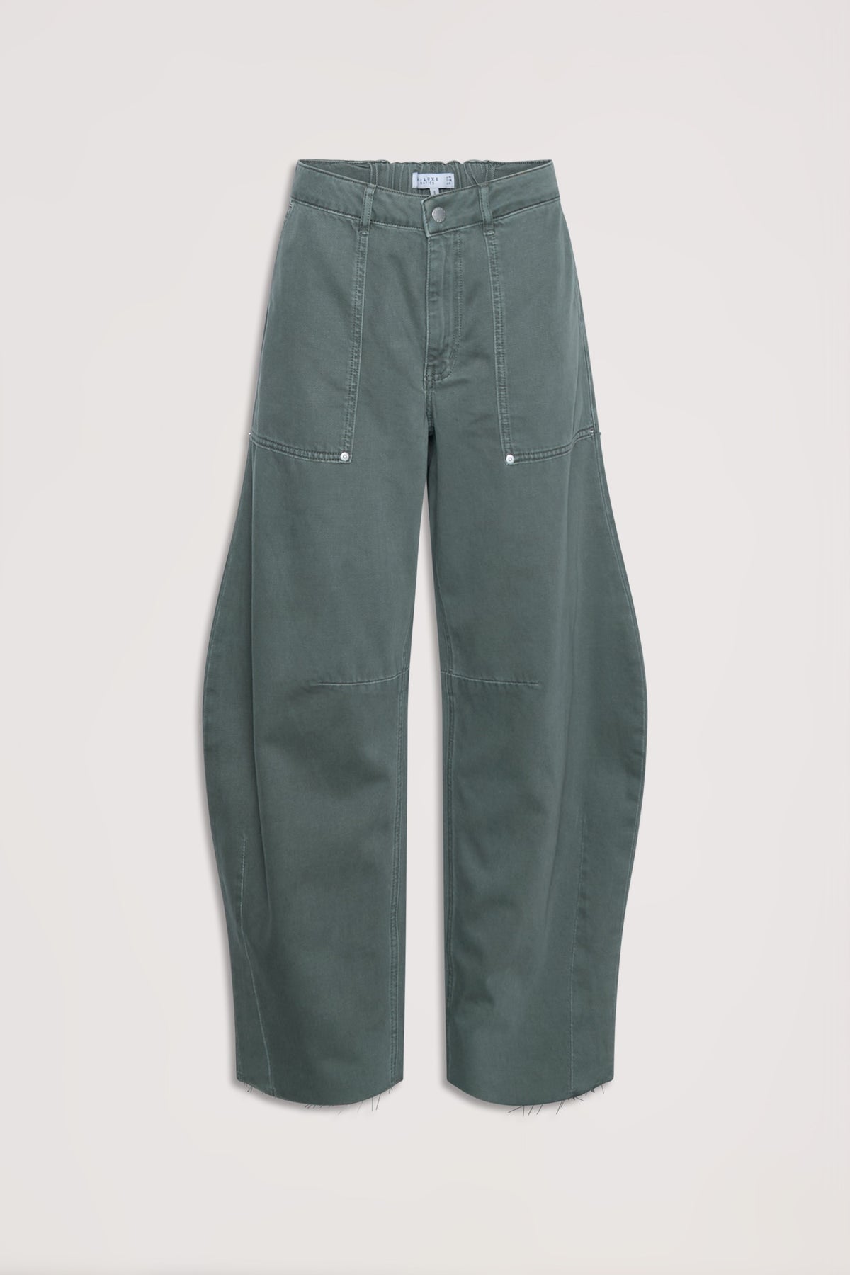 Khaki wide-leg jeans with front panel detailing and raw hem, designed for a relaxed and modern fit.