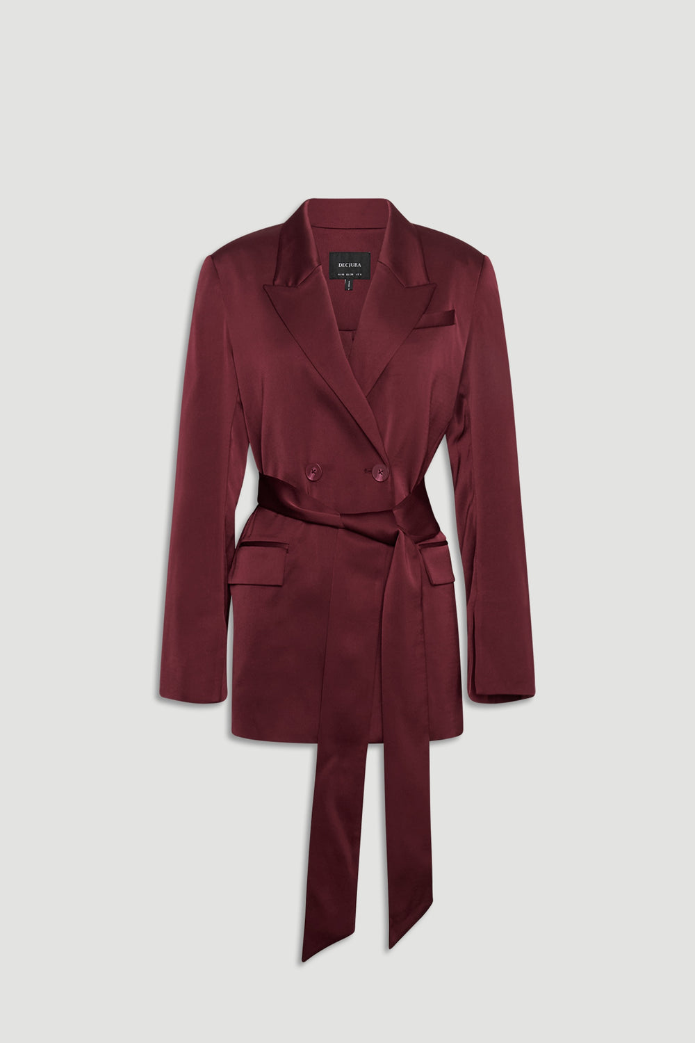 Plum satin wrap blazer with a double-breasted front and a long self-tie belt for a polished silhouette