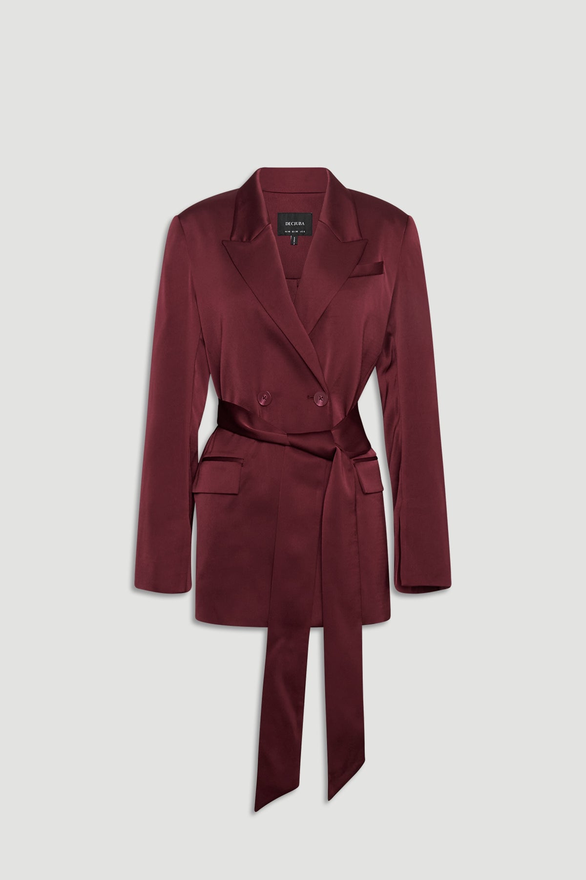 Plum satin wrap blazer with a double-breasted front and a long self-tie belt for a polished silhouette