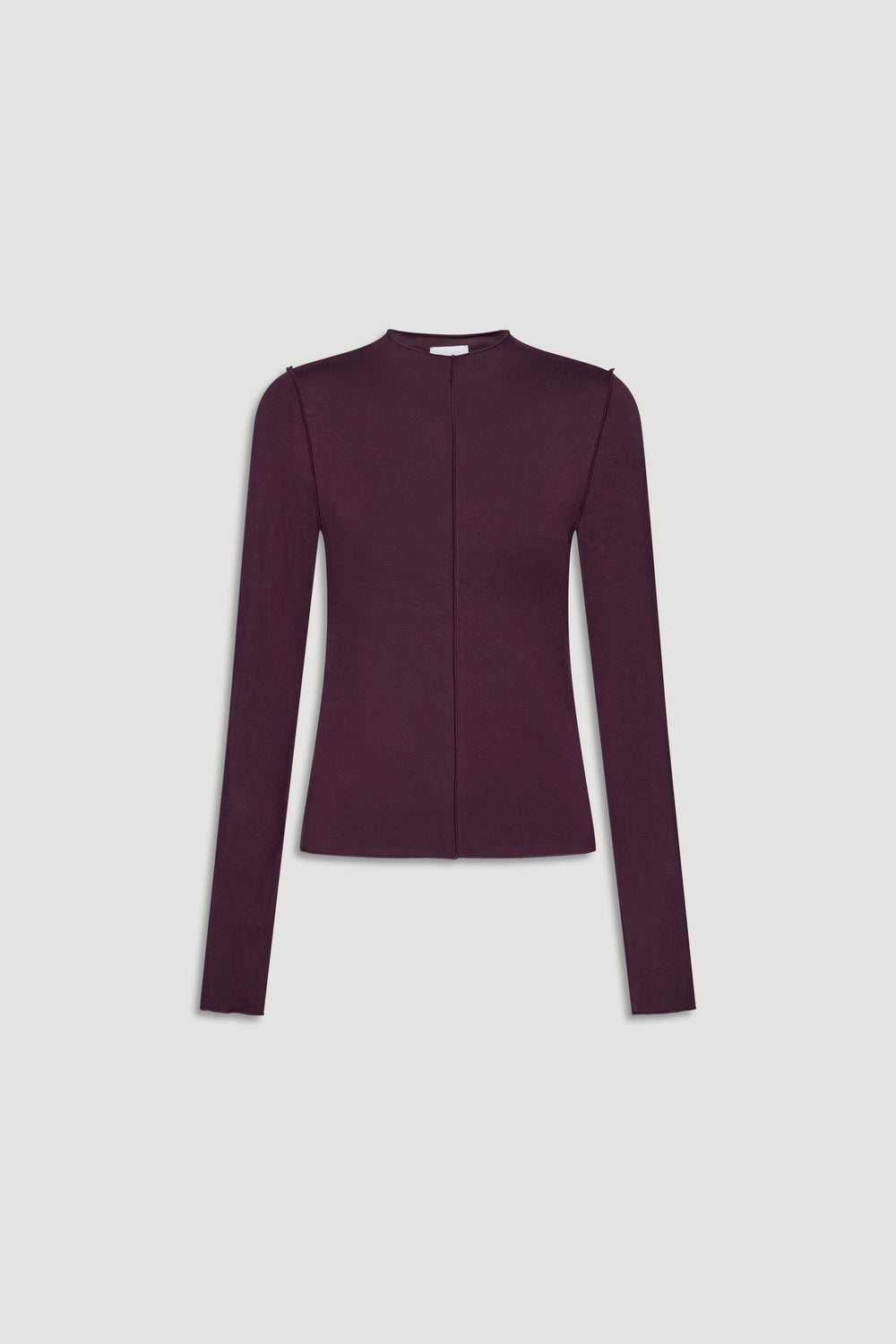Deep plum fitted long sleeve top with a subtle front seam and a high neckline for a sleek look