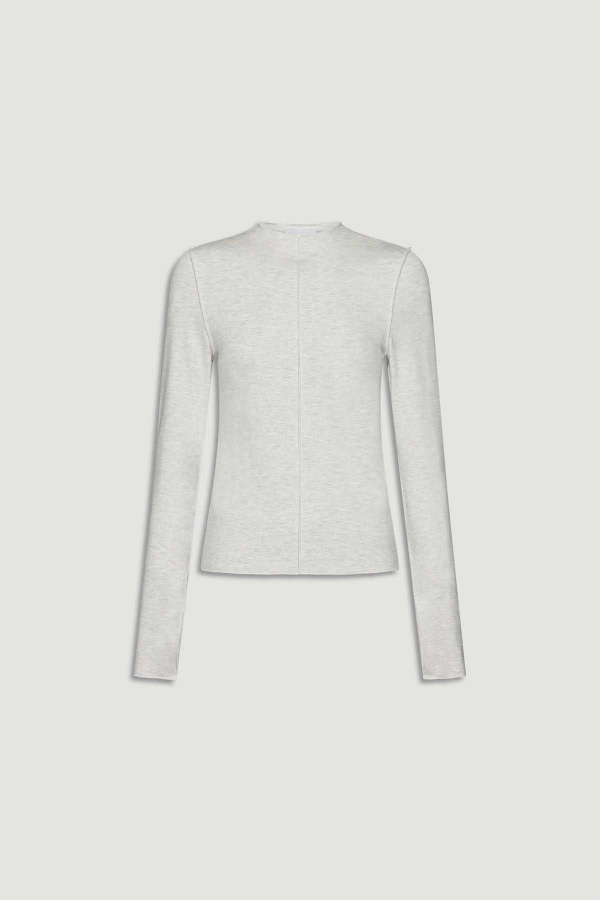 Light grey long sleeve top with a subtle textured finish and a central seam detail running vertically down the front.