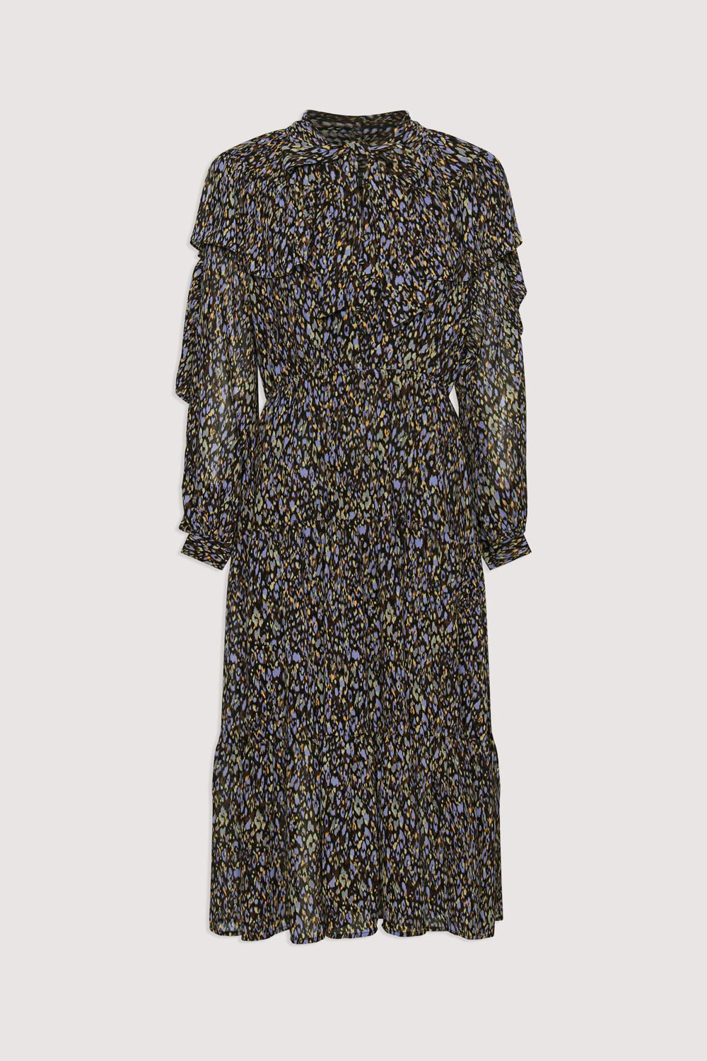 Midi dress with ruffle tiers, long sleeves, neck tie, and soft abstract print in muted tones.