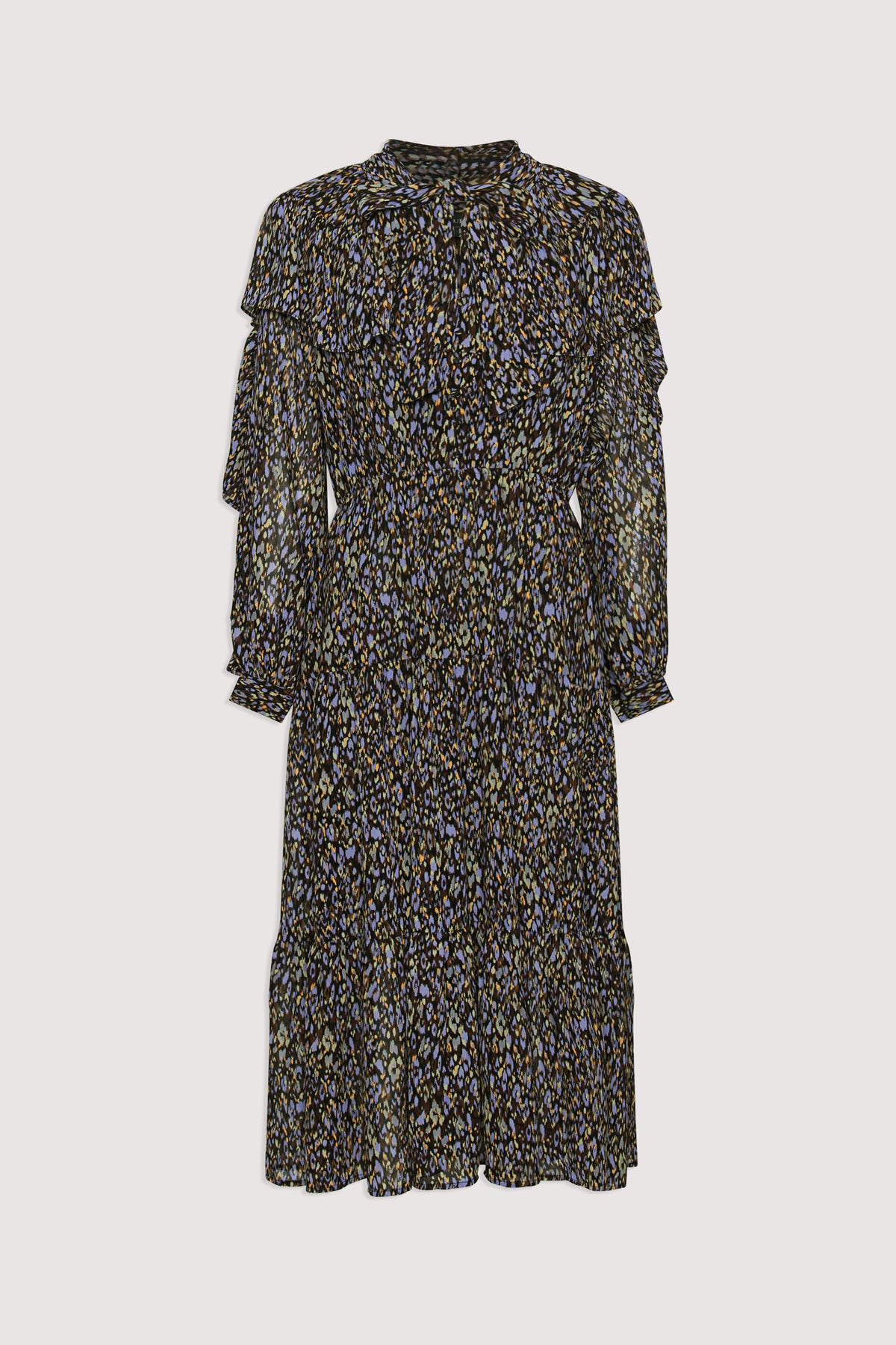 Midi dress with ruffle tiers, long sleeves, neck tie, and soft abstract print in muted tones.