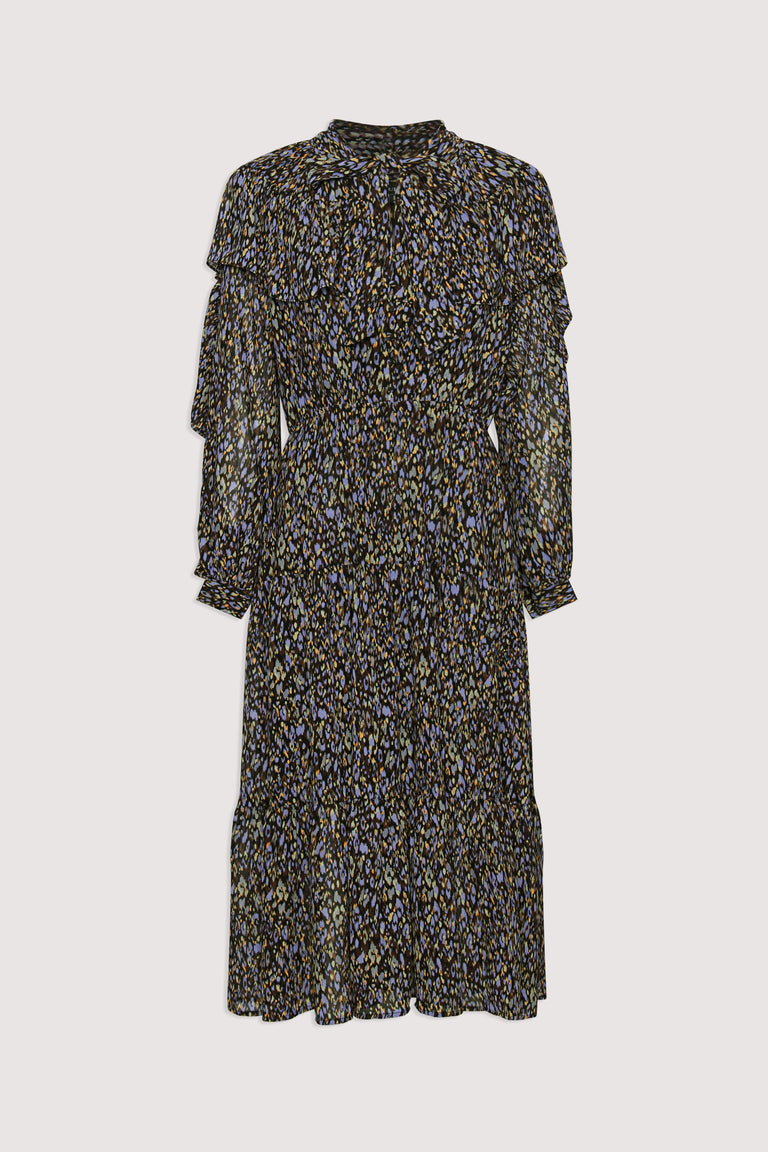 Midi dress with ruffle tiers, long sleeves, neck tie, and soft abstract print in muted tones.