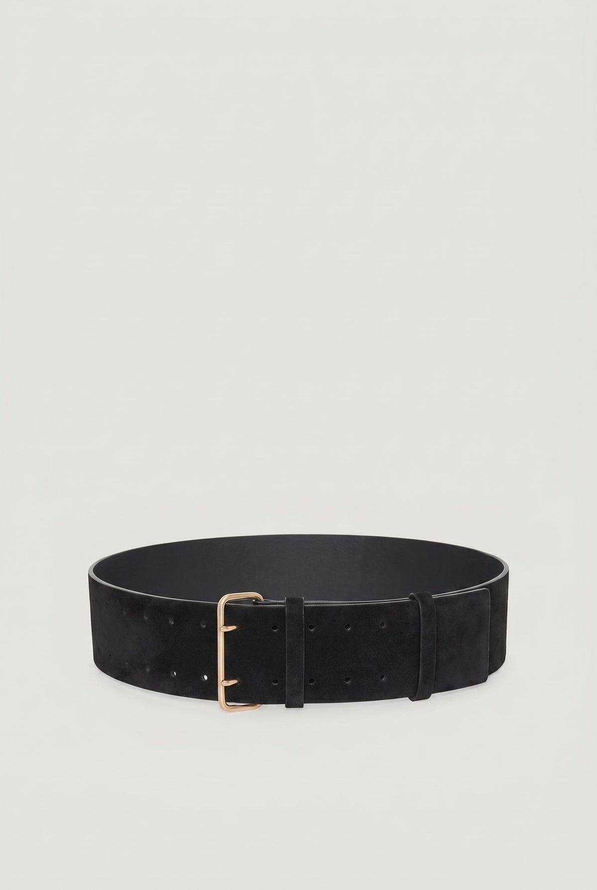 Black wide waist belt with double prong gold buckle and suede texture for a bold statement accessory.