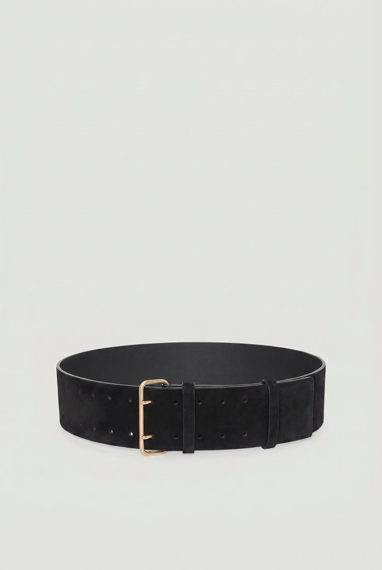 Black wide waist belt with double prong gold buckle and suede texture for a bold statement accessory.