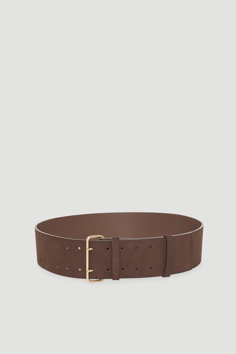 Wide chocolate brown belt with gold-tone double prong buckle and multiple adjustment holes for versatile styling