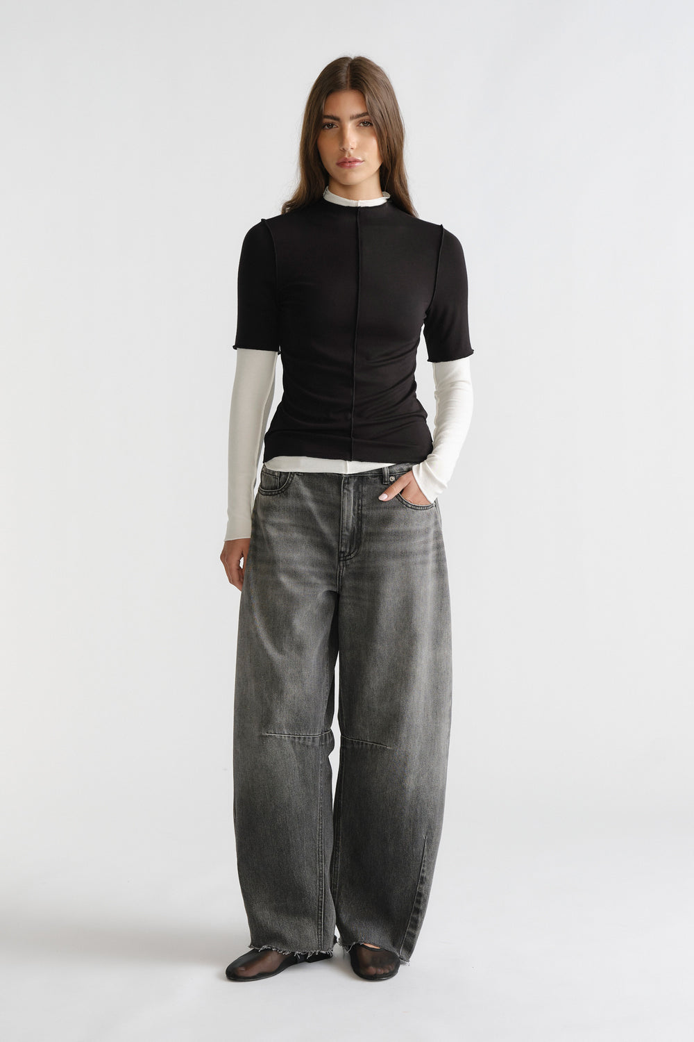 D-Luxe Horseshoe Jean in vintage grey denim with a wide-leg fit, styled with layered black and white tops by DECJUBA Australian brand