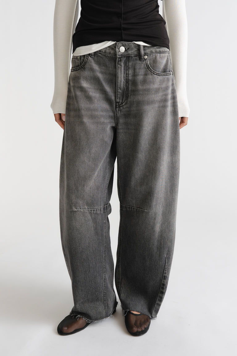 D-Luxe Horseshoe Jean in vintage grey denim with a relaxed wide-leg fit, designed by DECJUBA Australian fashion brand