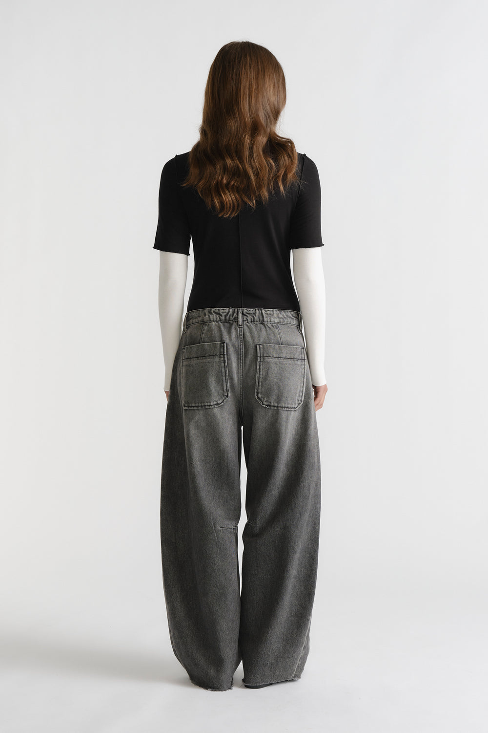 D-Luxe Horseshoe Jean in vintage grey denim featuring a relaxed wide-leg silhouette by DECJUBA Australian fashion brand