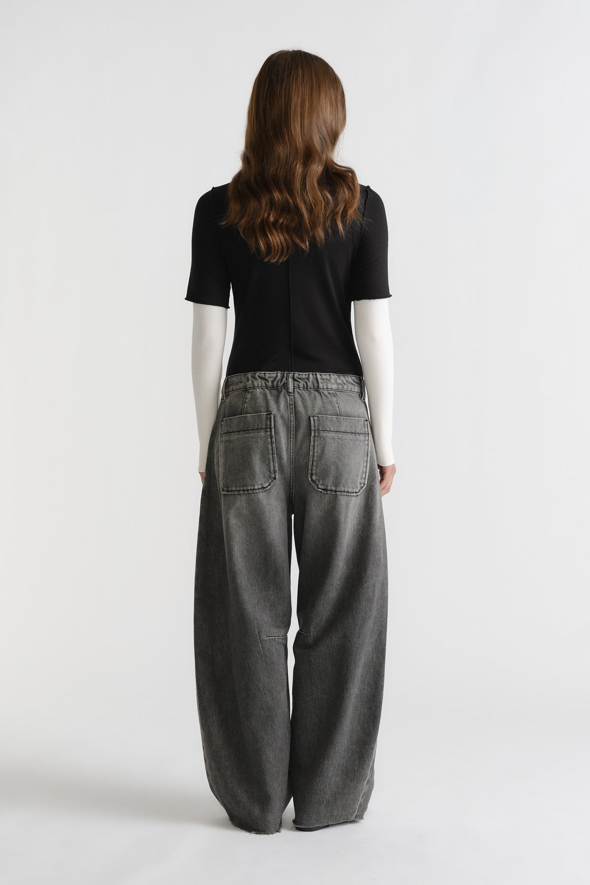 D-Luxe Horseshoe Jean in vintage grey denim featuring a relaxed wide-leg silhouette by DECJUBA Australian fashion brand