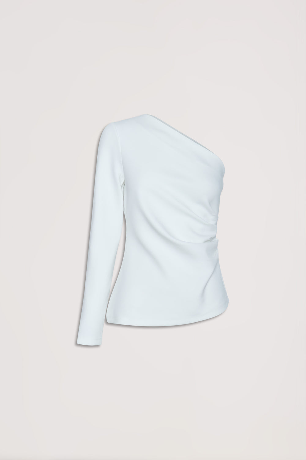 Ivory one-shoulder top with long sleeve and subtle draped detail for an elegant, modern look.