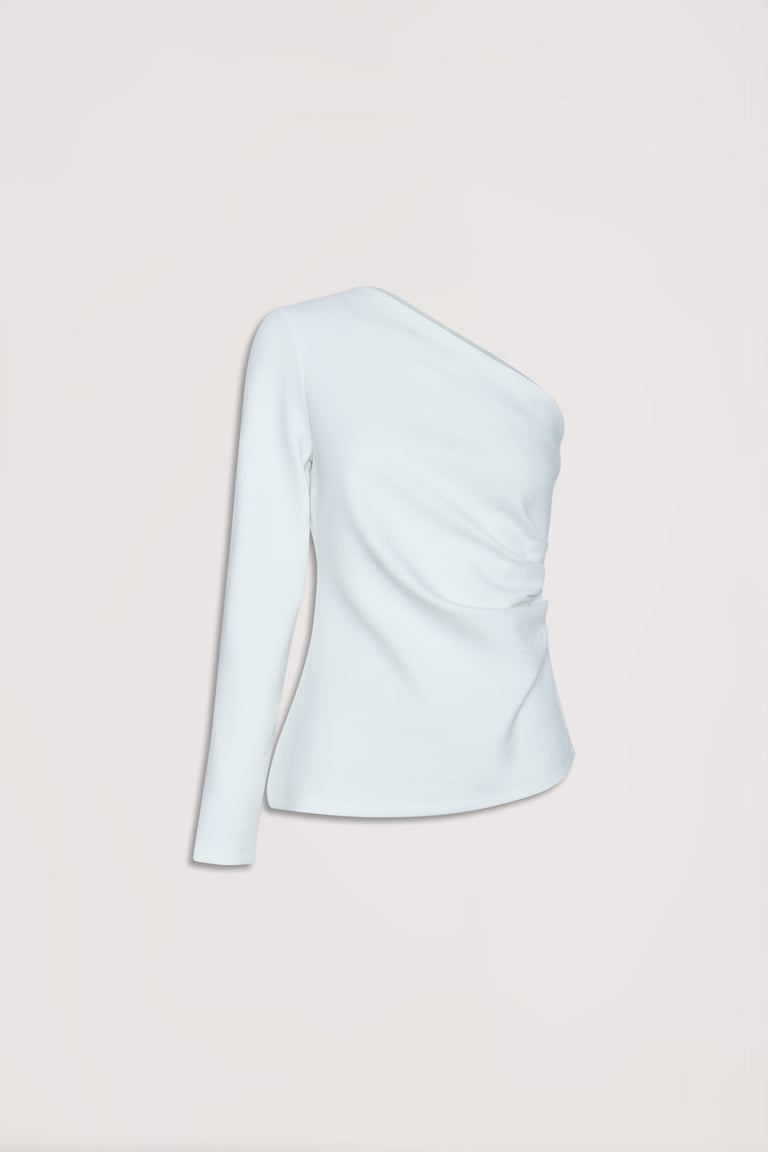 Ivory one-shoulder top with long sleeve and subtle draped detail for an elegant, modern look.