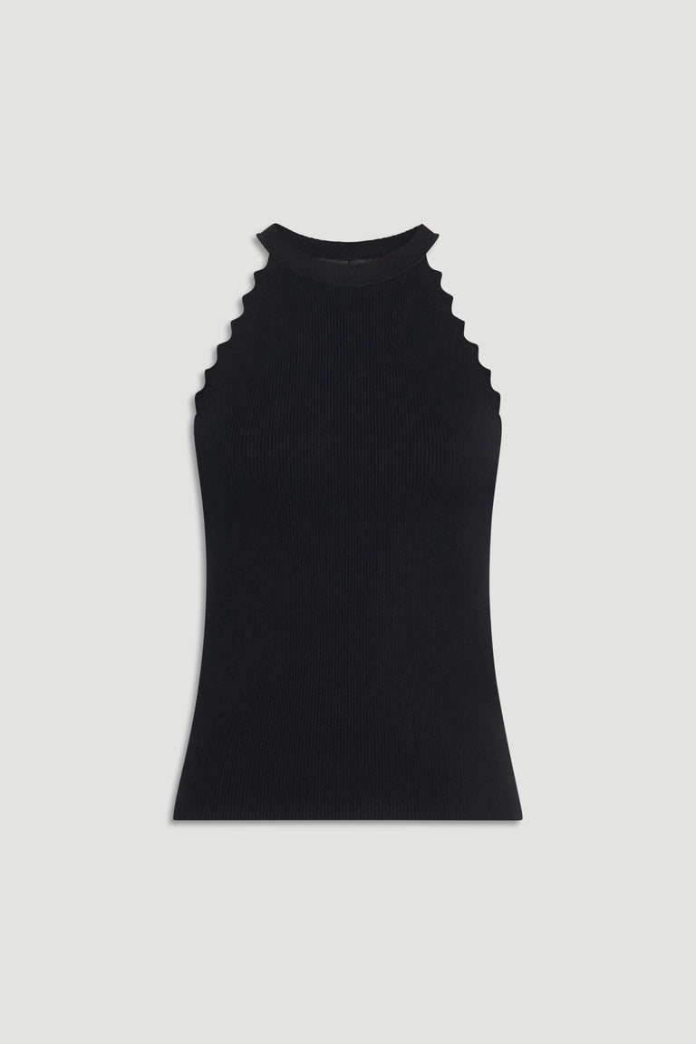 Black ribbed halter tank top with a high scalloped neckline and neat fit