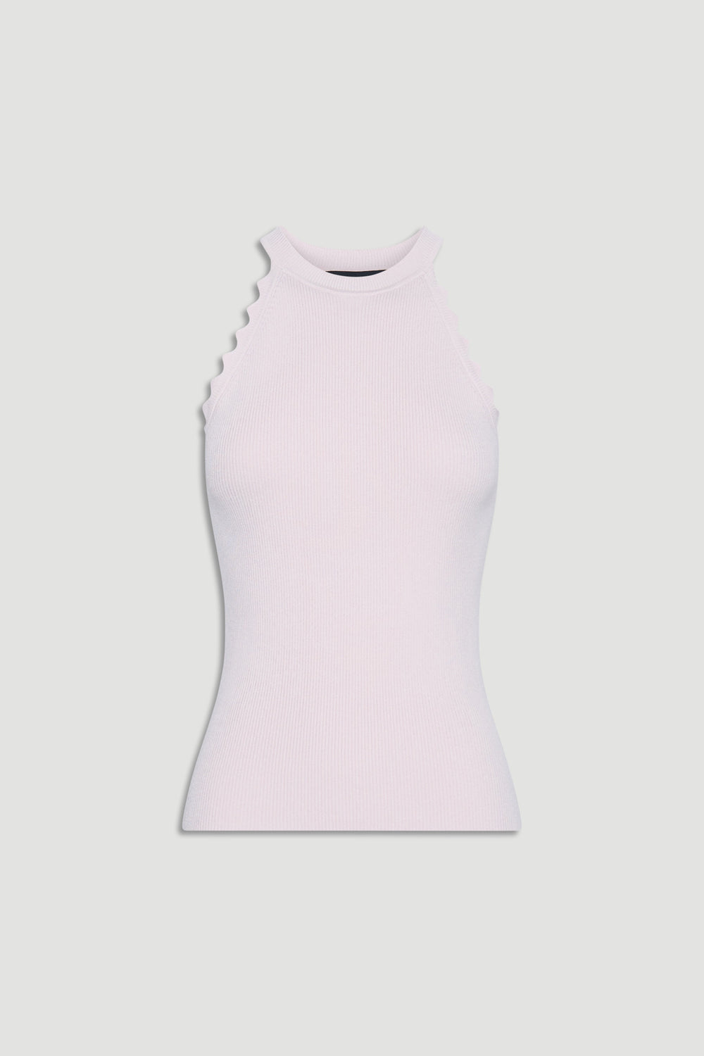 Soft pink ribbed halter tank top with scalloped edges, designed for comfortable and stylish everyday wear.