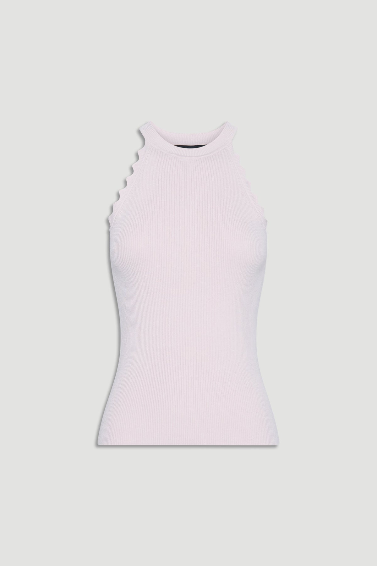 Soft pink ribbed halter tank top with scalloped edges, designed for comfortable and stylish everyday wear.