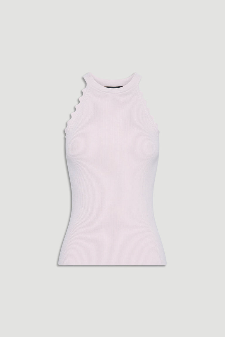 Soft pink ribbed halter tank top with scalloped edges, designed for comfortable and stylish everyday wear.