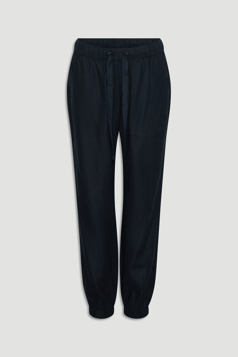 Black linen blend joggers with elastic waistband, drawstring ties, front pockets, and cuffed ankles for relaxed style.