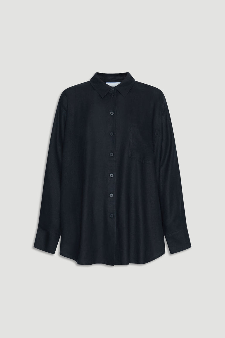 D-Luxe Linen Blend LS Shirt in black, lightweight breathable fabric, portrait shot gallery position 4, 1880x2820px.