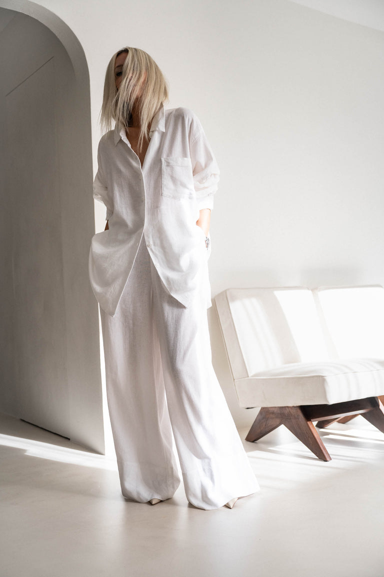 D-Luxe Linen Blend LS Shirt in gallery position 5, shown in airy white linen blend with relaxed, breathable fit