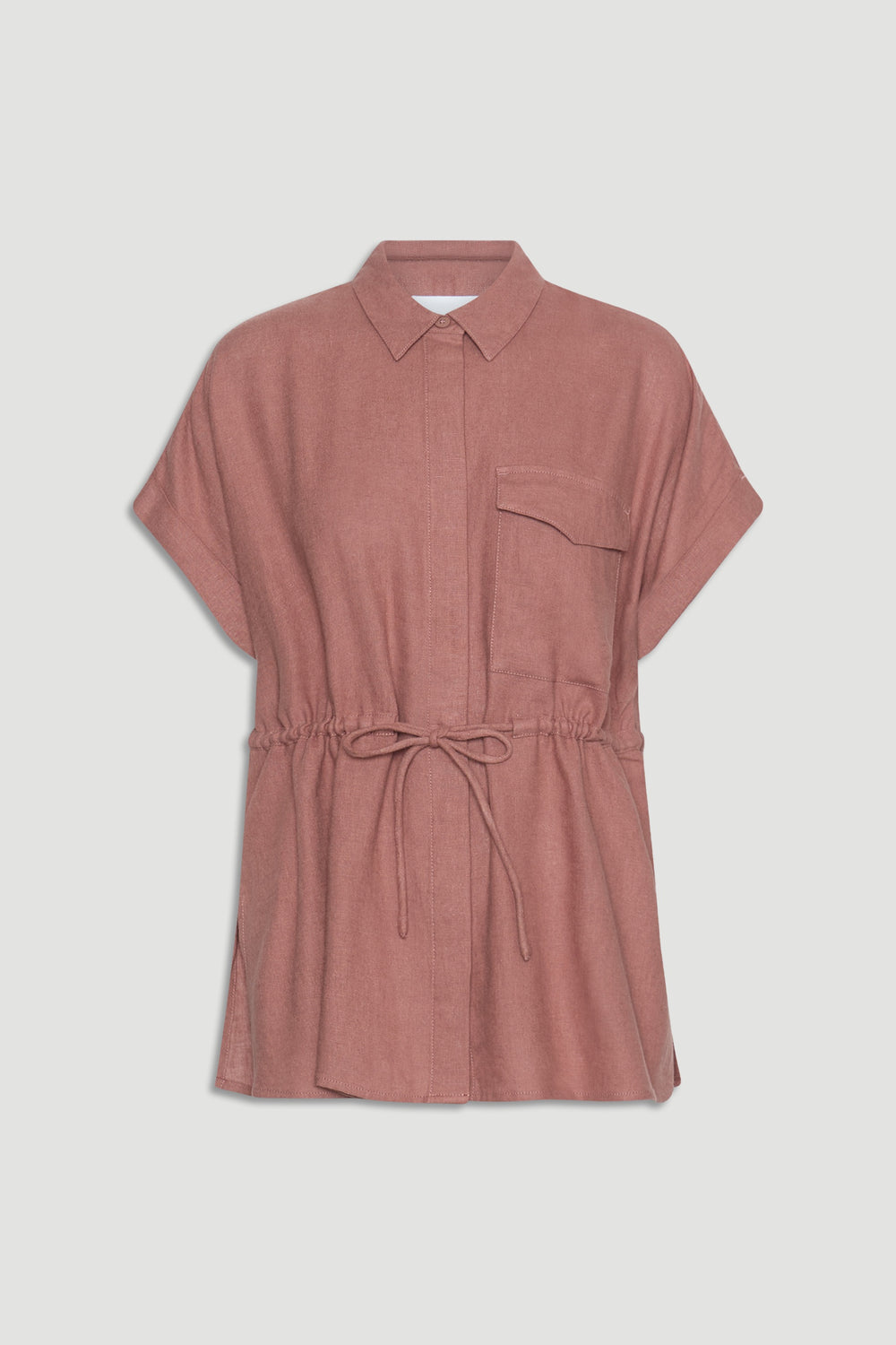 Mauve short sleeve collared linen blend shirt with drawstring waist and chest pocket