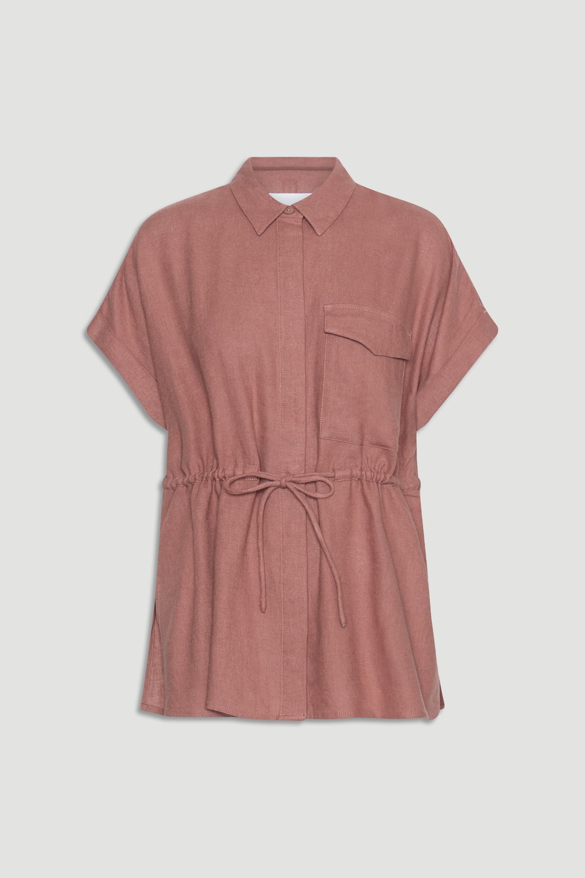 Mauve short sleeve collared linen blend shirt with drawstring waist and chest pocket