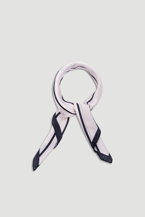 Polly Scarf in soft fabric featuring a pale base with bold black border stripes for a timeless, elegant accessory.