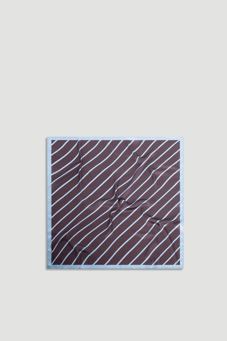 Polly Scarf featuring soft chocolate brown fabric with thin diagonal sky-blue stripes and a light blue border, effortlessly versatile.