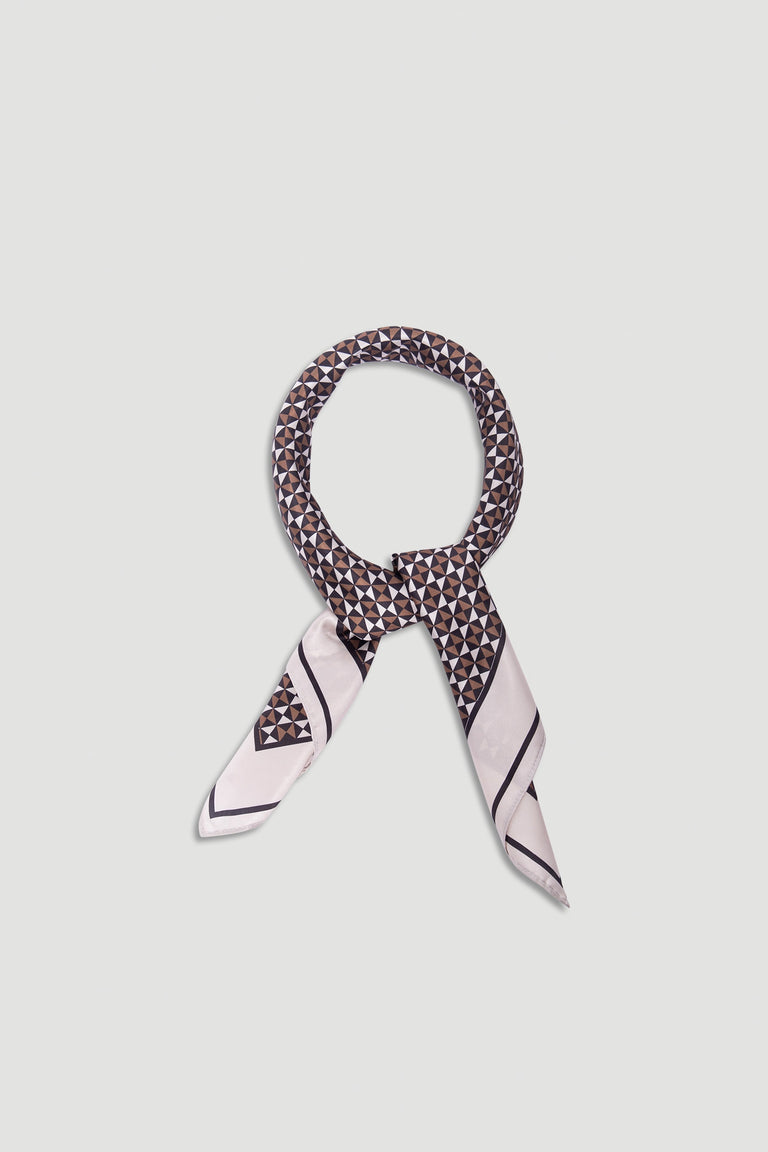 Polly Scarf in neutral geometric print with contrasting soft edges, offering versatile style by DECJUBA.