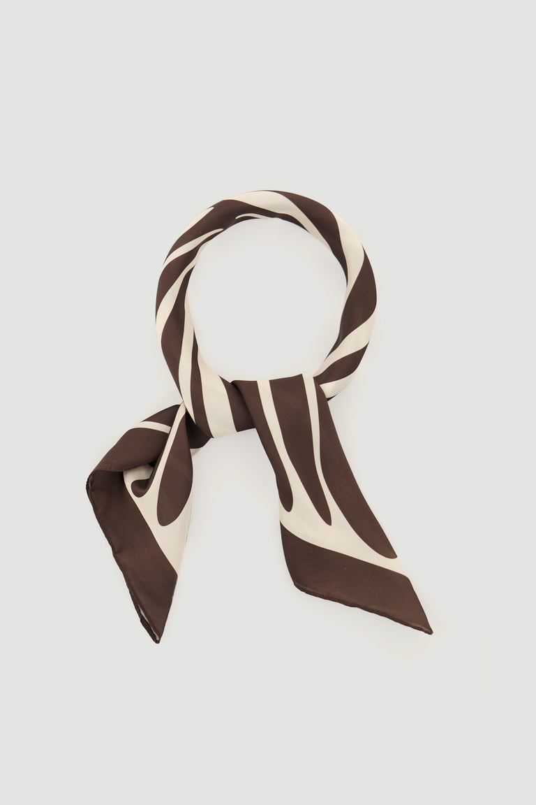 Brown and beige striped scarf with a smooth texture, styled in a simple circular knot against a light background.