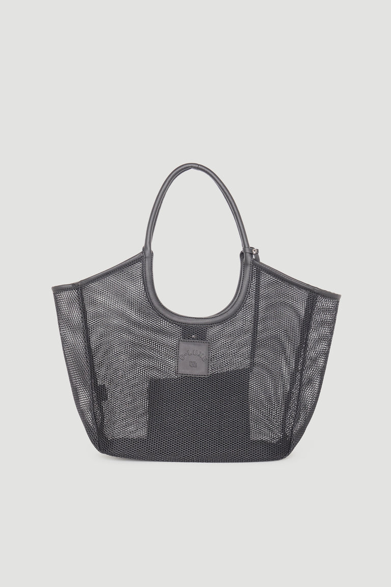 Black structured tote bag featuring mesh panels and rounded handles for a modern, stylish look.