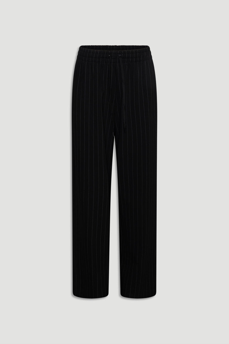 Black D-Luxe Pinstripe Pant with subtle vertical pinstripes and a comfortable drawstring waist for everyday versatility.