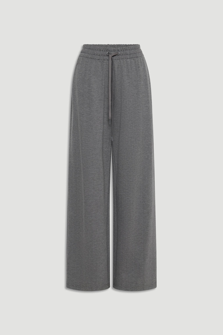 Charcoal wide-leg pants with an adjustable drawstring waist for a relaxed, polished everyday look.