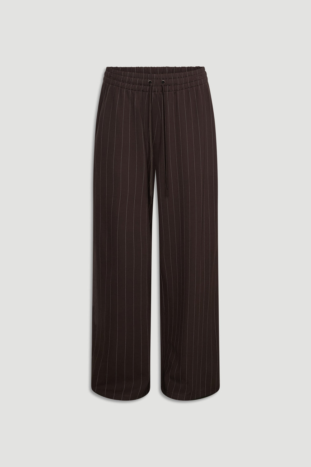 D-Luxe Pinstripe Pant in cocoa brown with relaxed fit, vertical pinstripes, and drawstring elastic waist by DECJUBA.