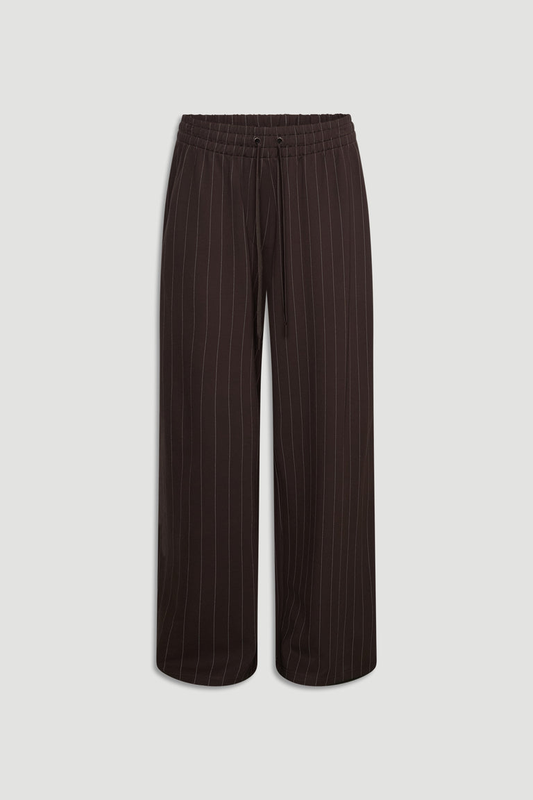 D-Luxe Pinstripe Pant in cocoa brown with relaxed fit, vertical pinstripes, and drawstring elastic waist by DECJUBA.