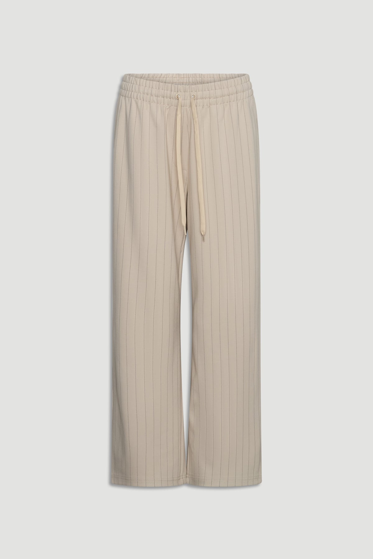 D-Luxe Pinstripe Pant in light beige with slim vertical stripes and comfortable elastic waistband by Decjuba Australian brand