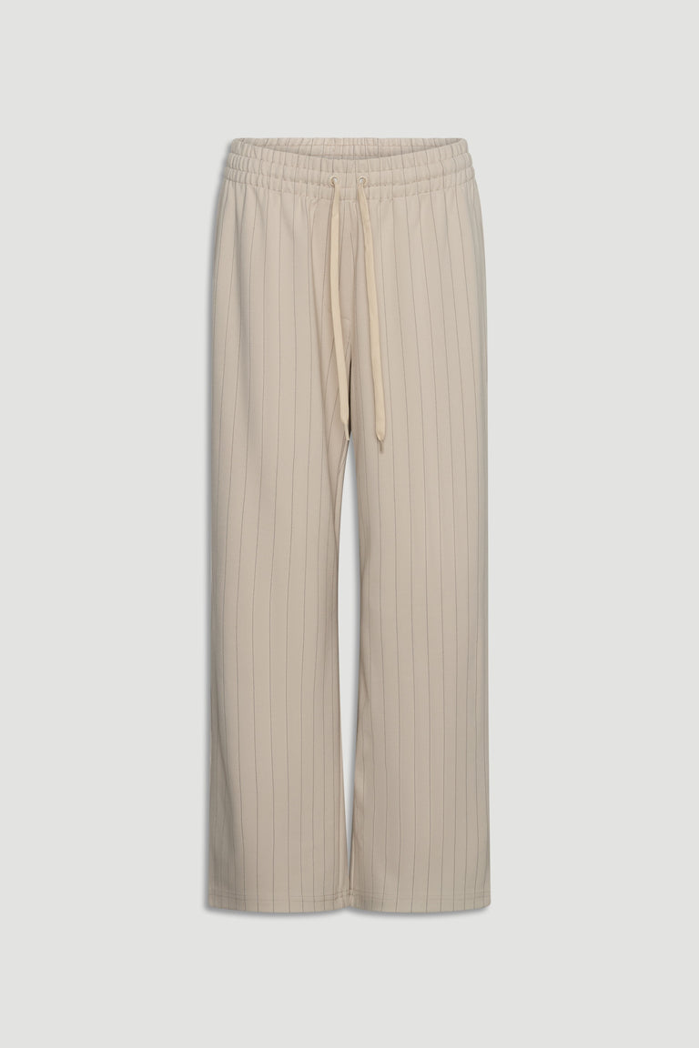 D-Luxe Pinstripe Pant in light beige with slim vertical stripes and comfortable elastic waistband by Decjuba Australian brand