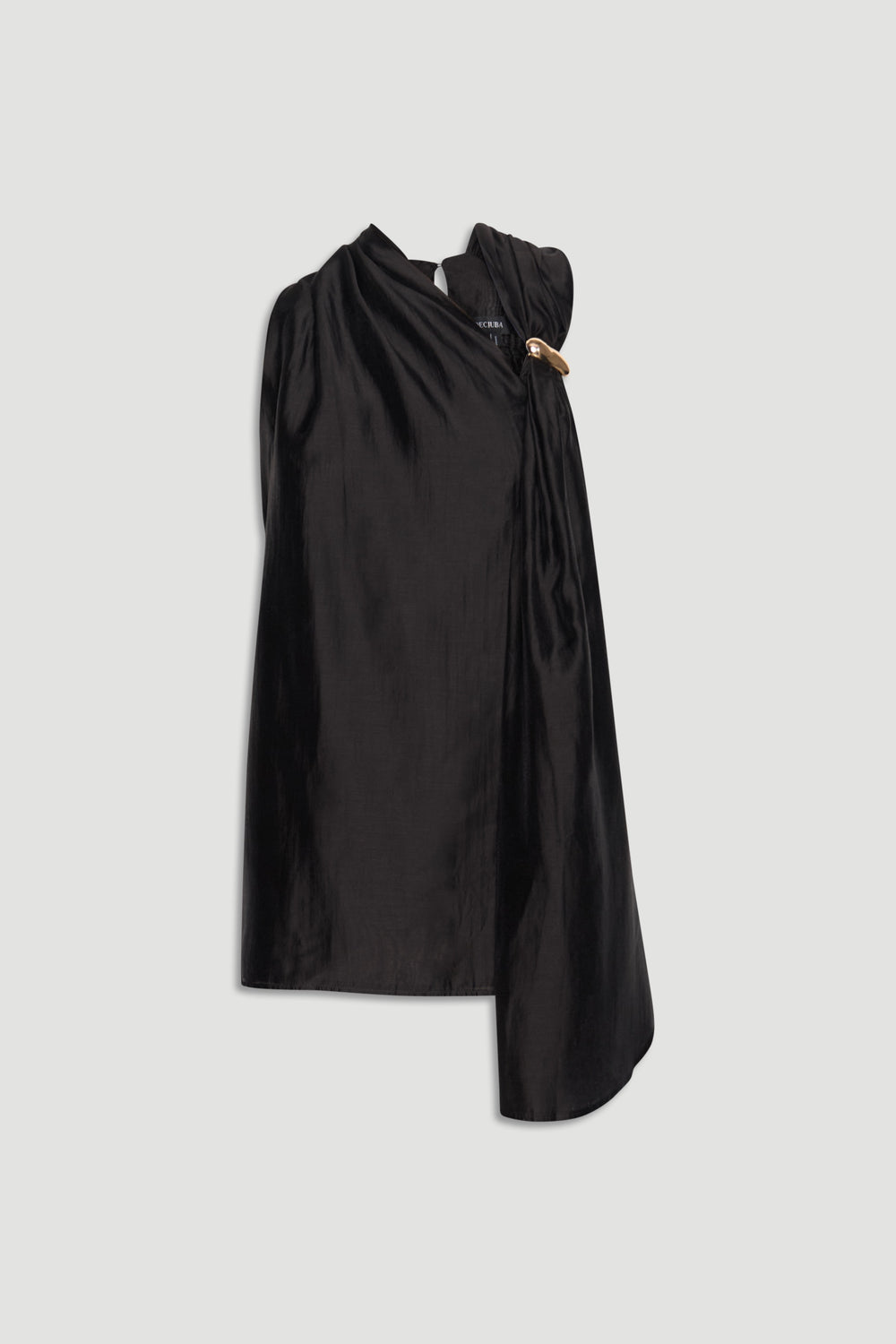 Black draped sleeveless top with an asymmetric hem and subtle sheen for an elegant, effortless look.