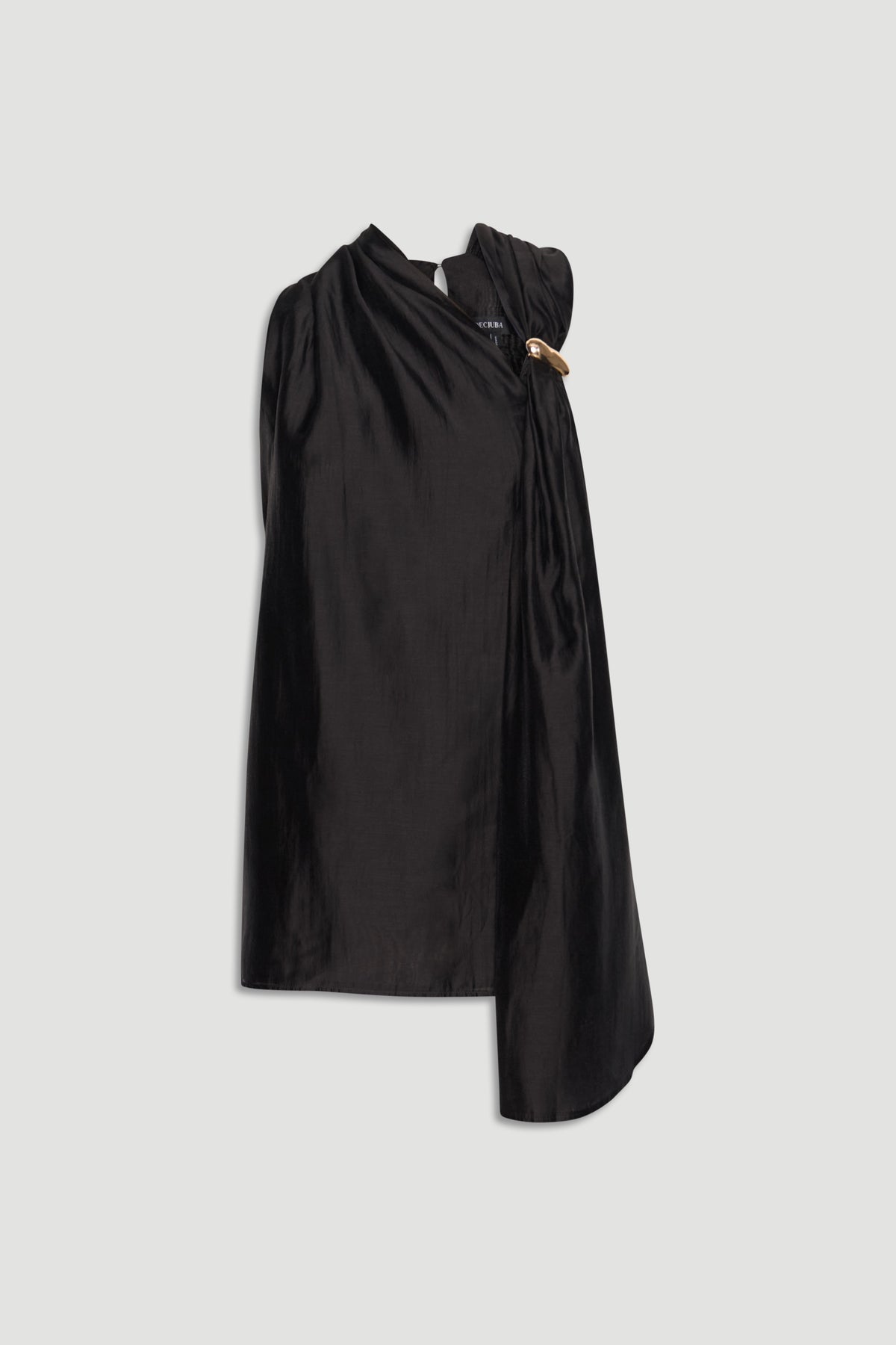 Black draped sleeveless top with an asymmetric hem and subtle sheen for an elegant, effortless look.