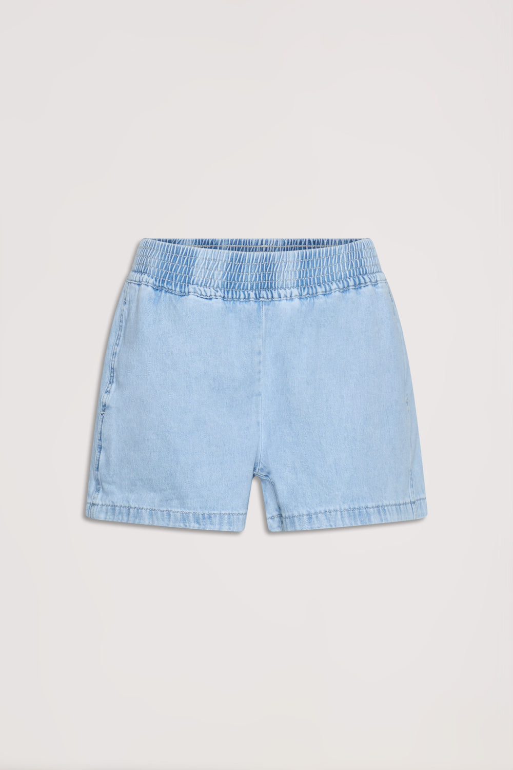 Light wash denim pull-on shorts with an elastic waistband, offering a comfortable and casual fit for everyday wear.