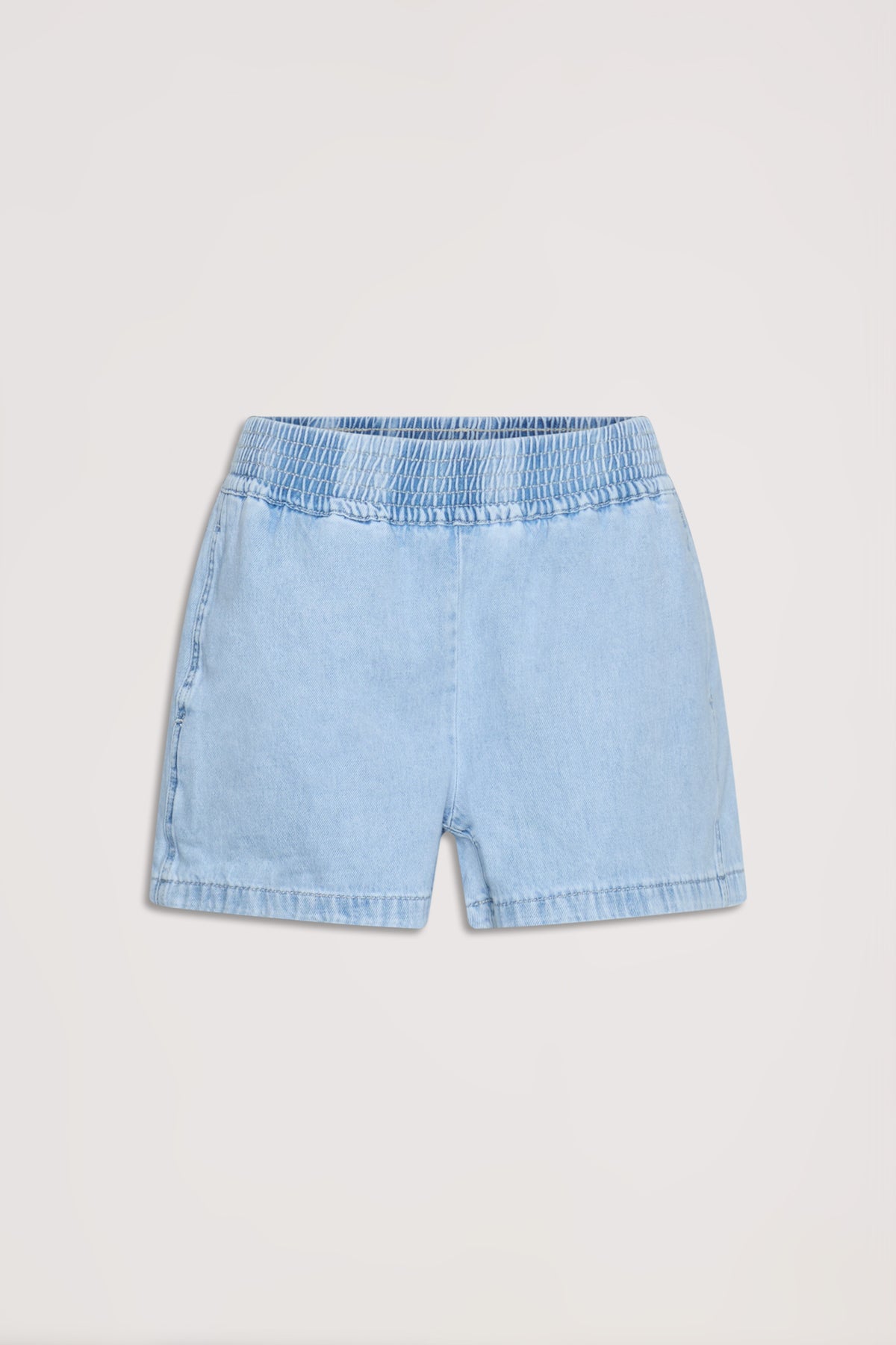 Light wash denim pull-on shorts with an elastic waistband, offering a comfortable and casual fit for everyday wear.