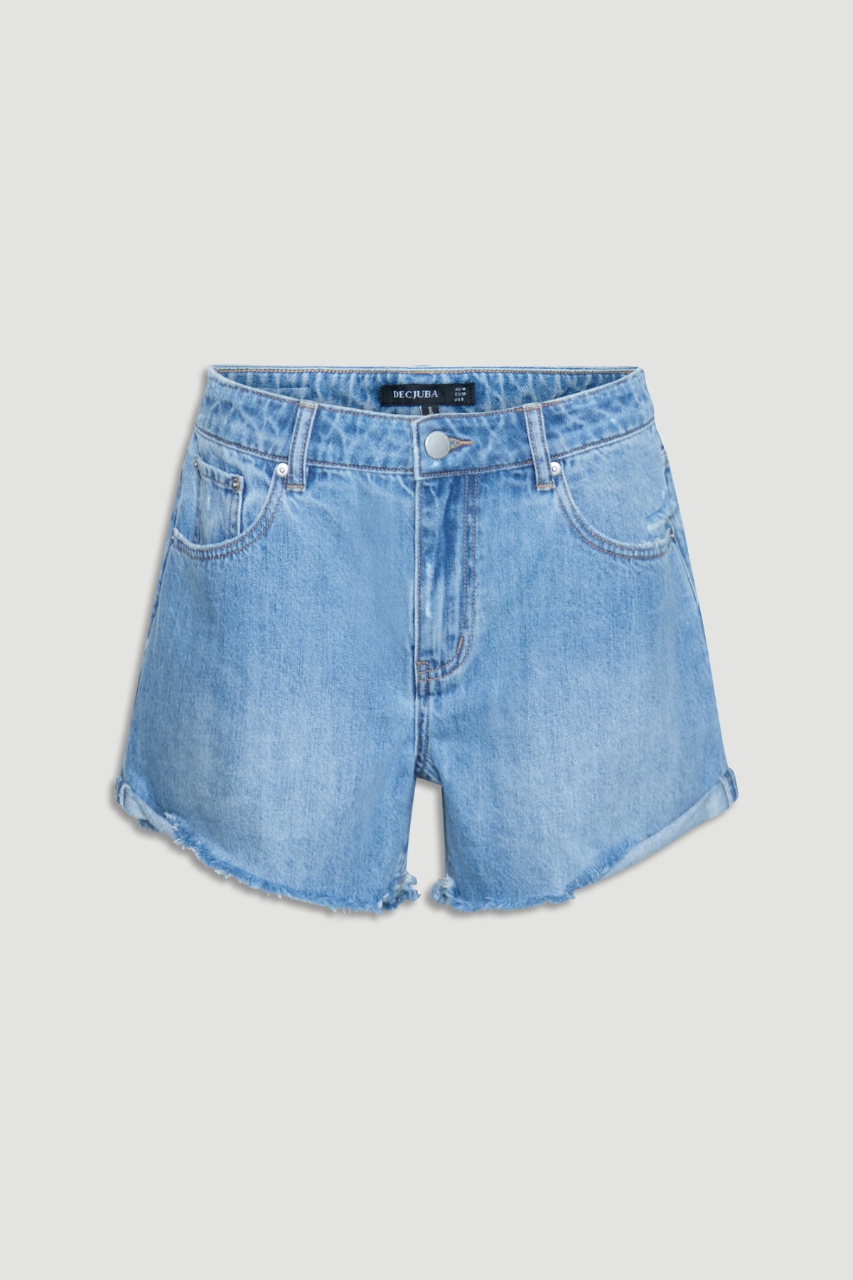 Harper Rolled Cuff Denim Short in portrait gallery shot seven, showing light blue rigid denim with rolled-up raw hem