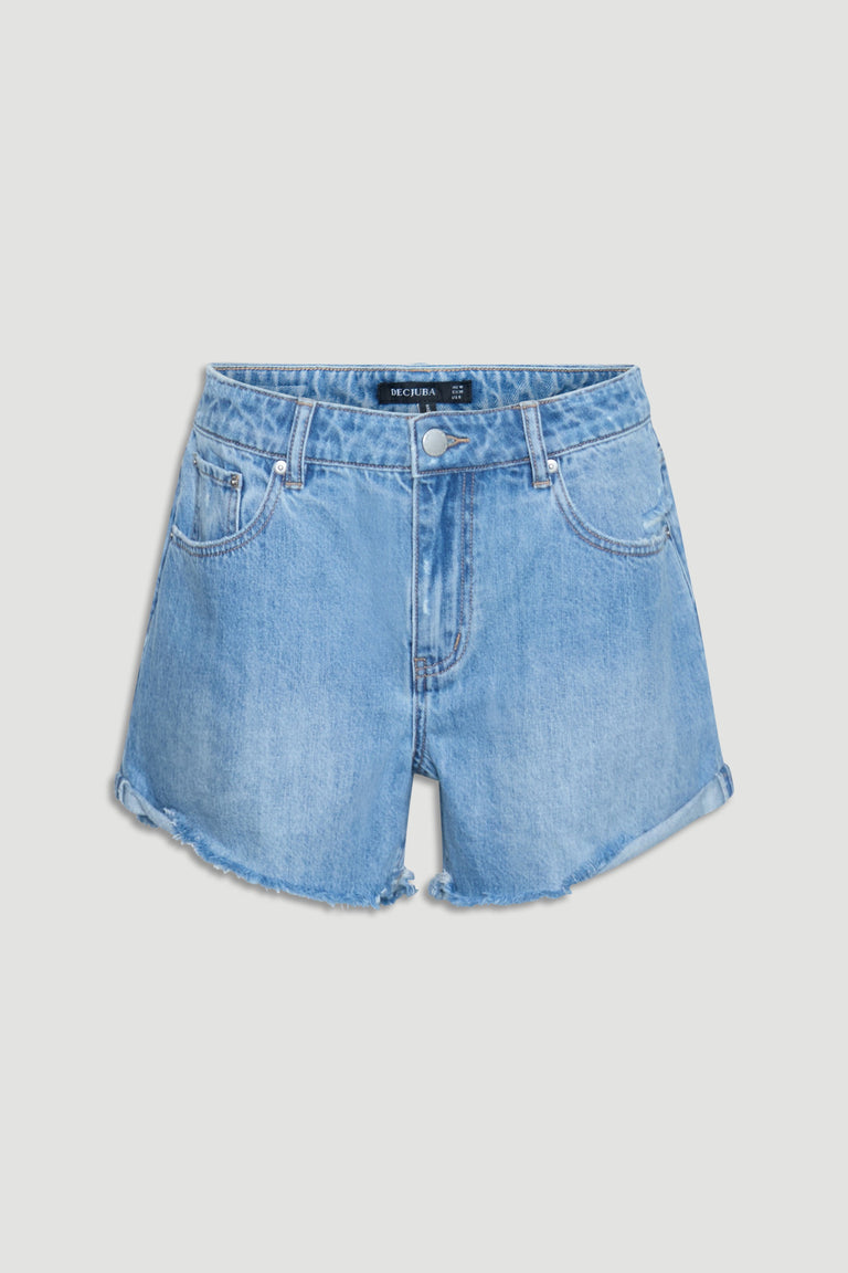 Harper Rolled Cuff Denim Short in portrait gallery shot seven, showing light blue rigid denim with rolled-up raw hem