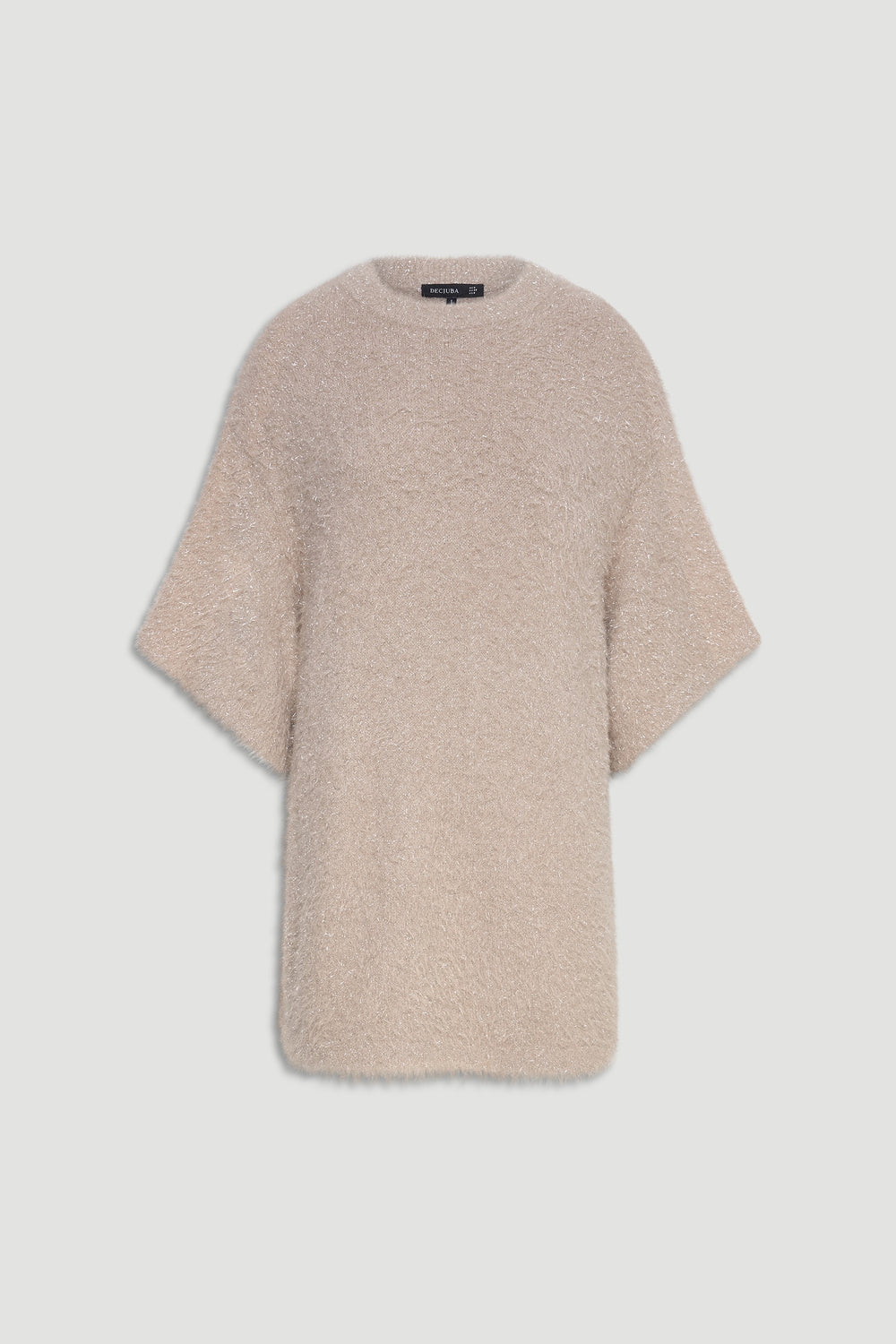 Soft beige oversized knit tee with a textured finish and wide short sleeves for a relaxed, effortless look.