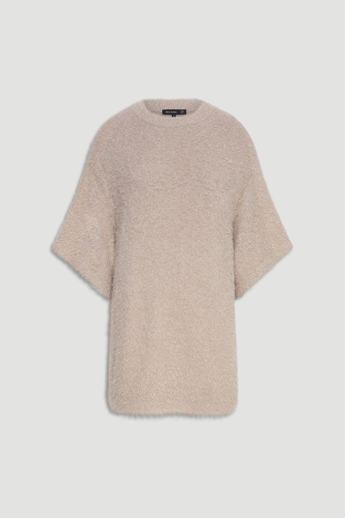 Soft beige oversized knit tee with a textured finish and wide short sleeves for a relaxed, effortless look.