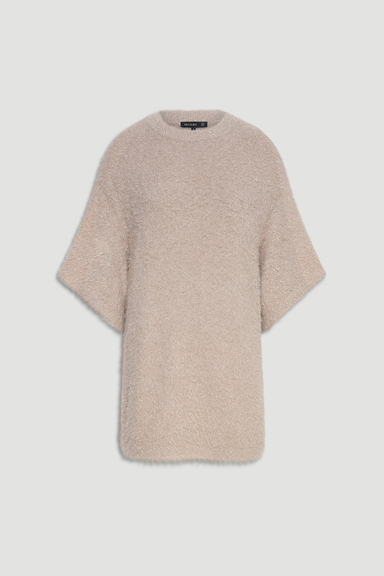 Soft beige oversized knit tee with a textured finish and wide short sleeves for a relaxed, effortless look.