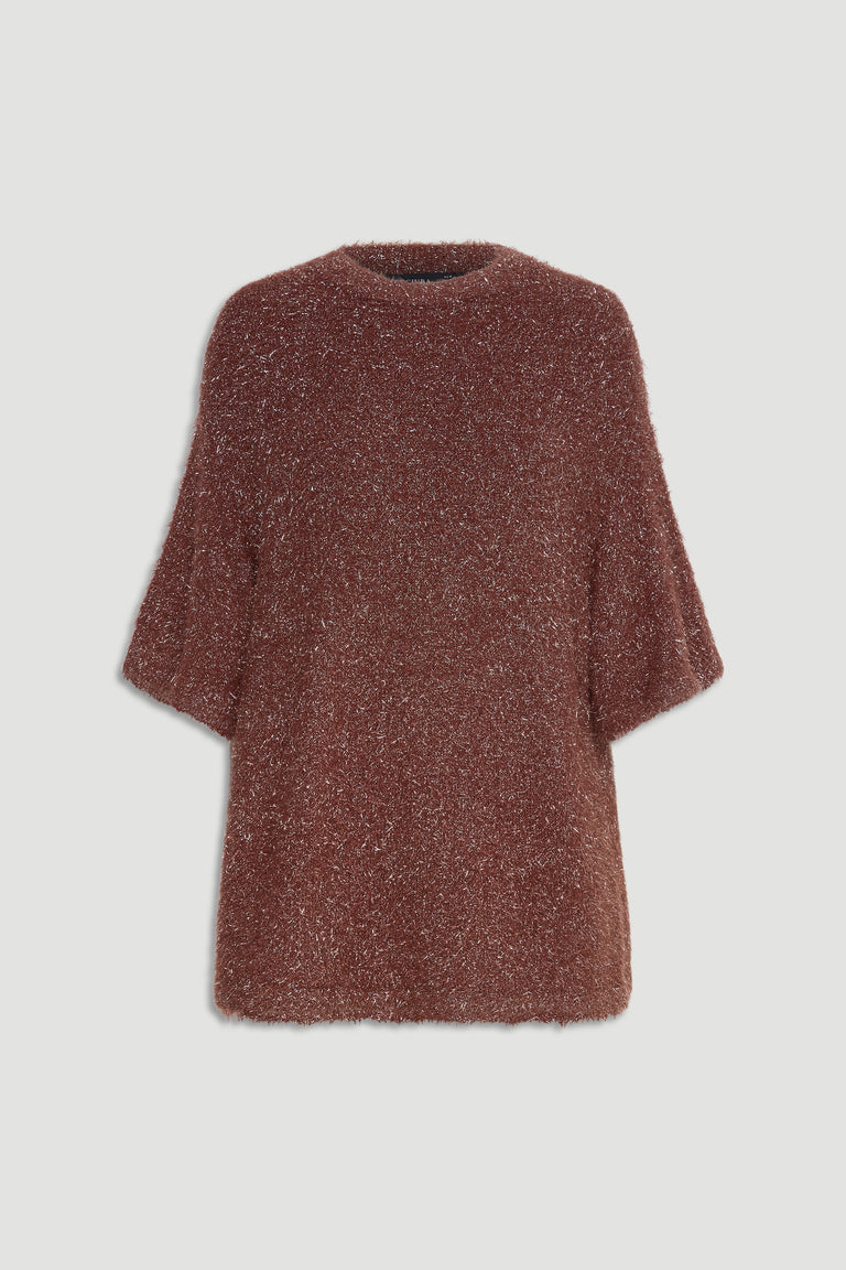 Soft textured oversized knit tee in warm ginger brown with short sleeves and a relaxed silhouette