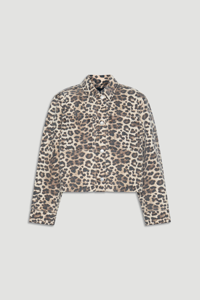 Leopard print cropped denim shacket with long sleeves and front chest pockets in neutral tones.